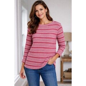 J Jill Textured Pullover Top Womens Large Red White Stripe Casual Stretch